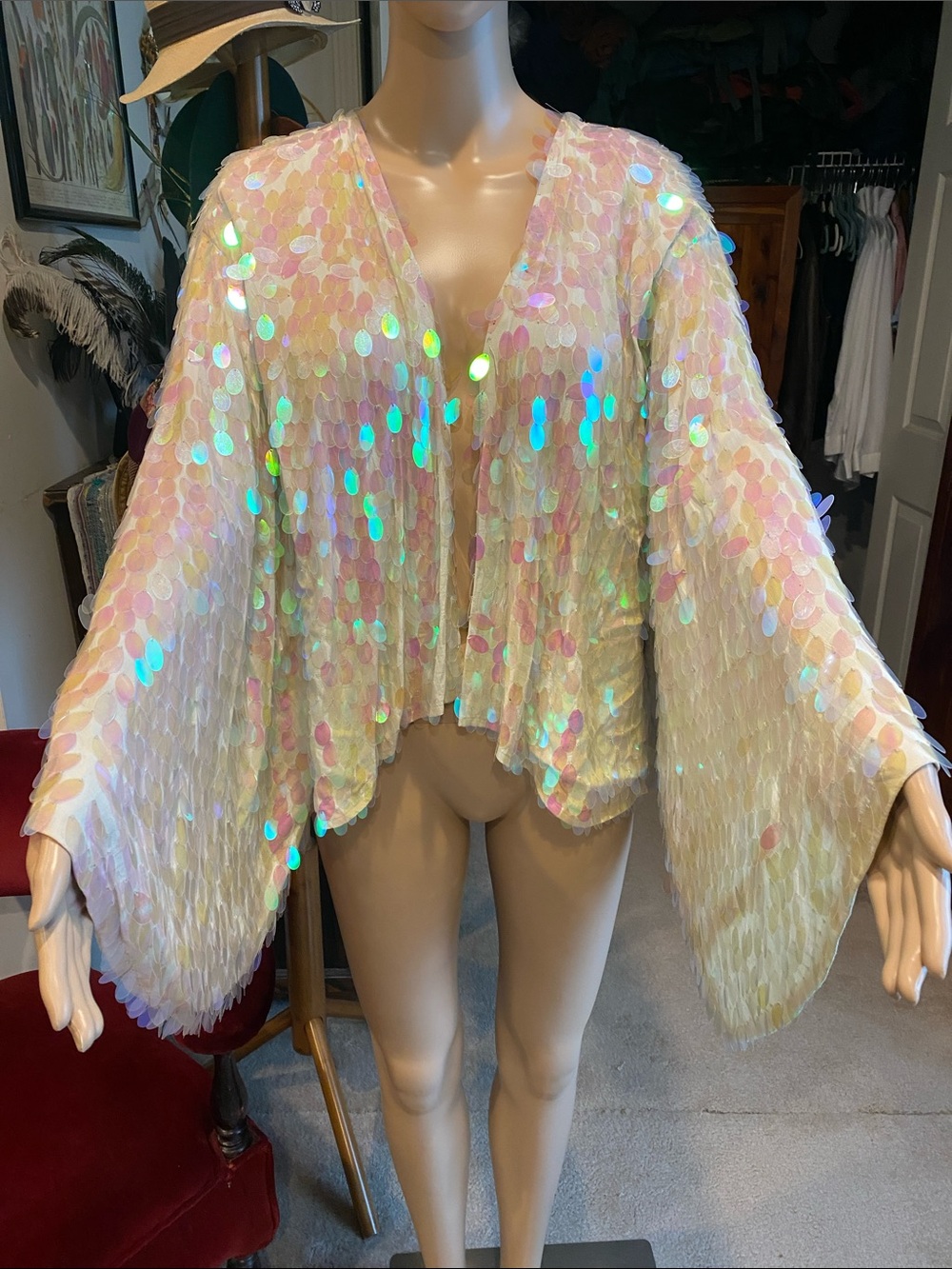 Free People Iridescent Sequin Kimono Jacket - Cream Pink